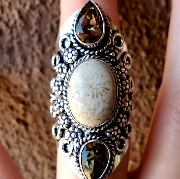 New Fossil Coral & Smoky Topaz 925 Silver Ring. - Picture 8 of 16